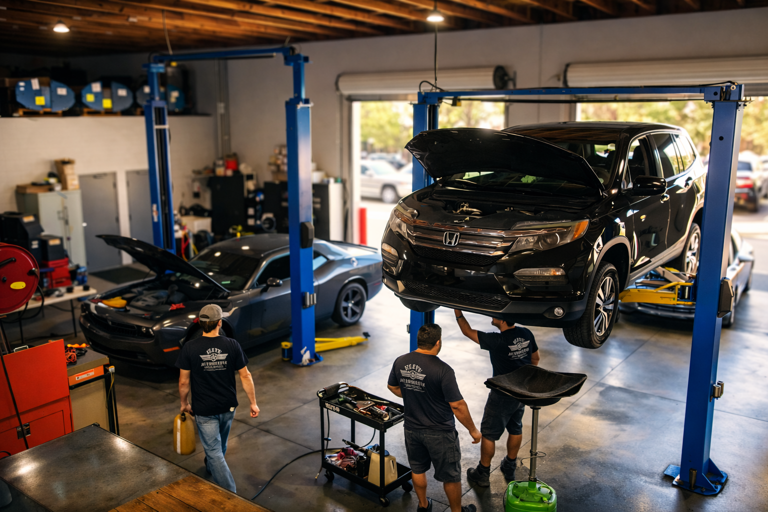 Elite Automotive shop interior with technicians working on vehicles, featuring blue lifts and professional equipment